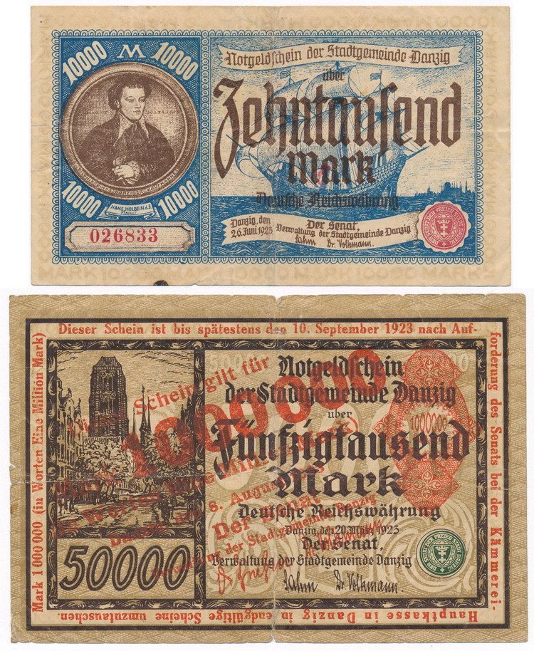 Banknoty Wolne Miasto Gdańsk 10 000 i 50 000 marek 1923 archiwum